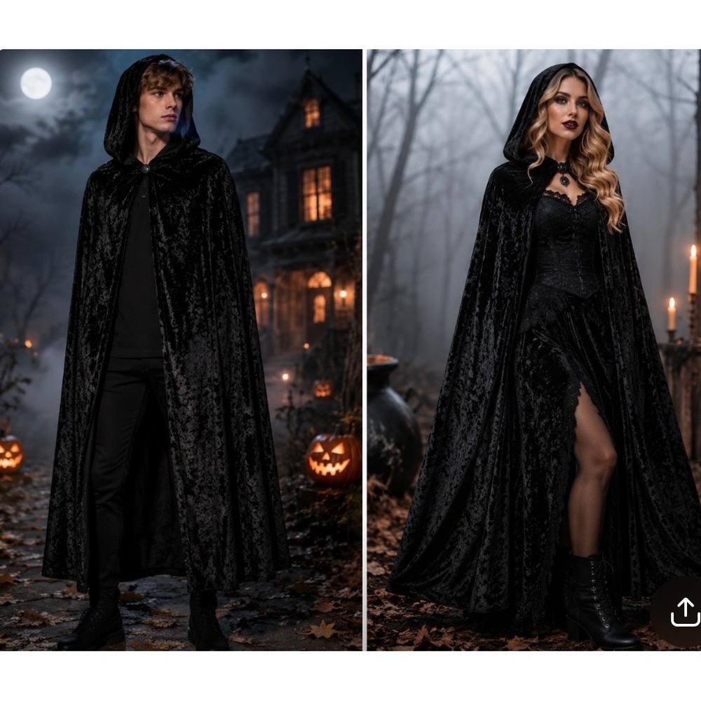 Eternal NYC Black Crushed Velvet Hooded Cloak Cape Unisex One Size Made in USA